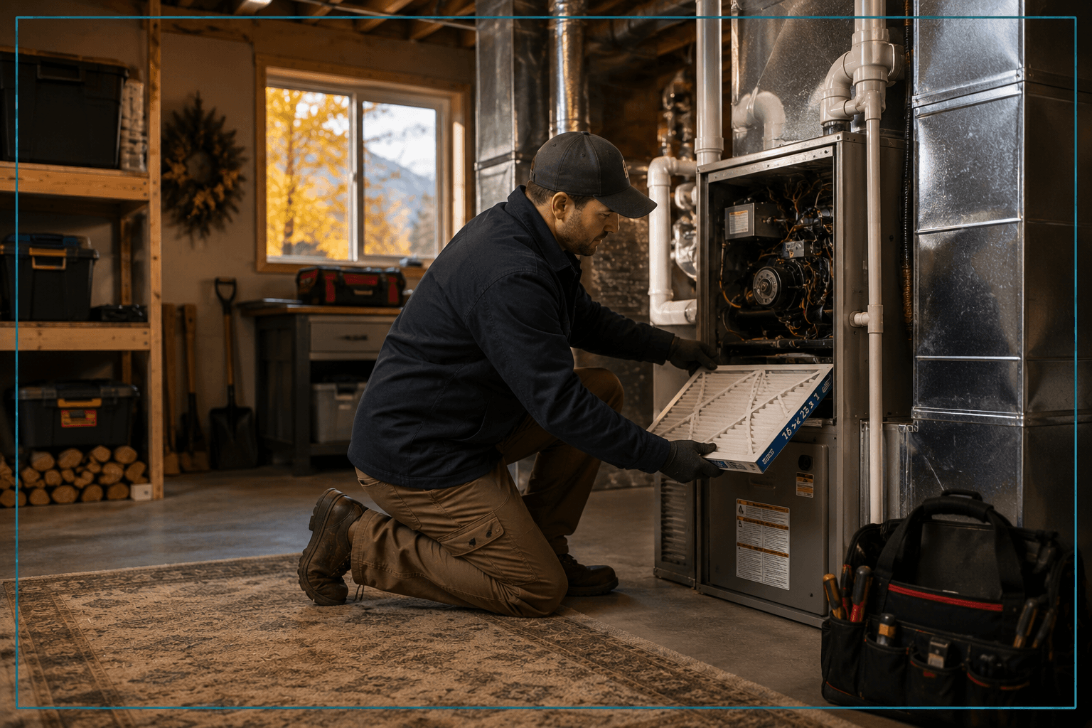 A technician servicing a furnace and installing a fresh filter before heating season