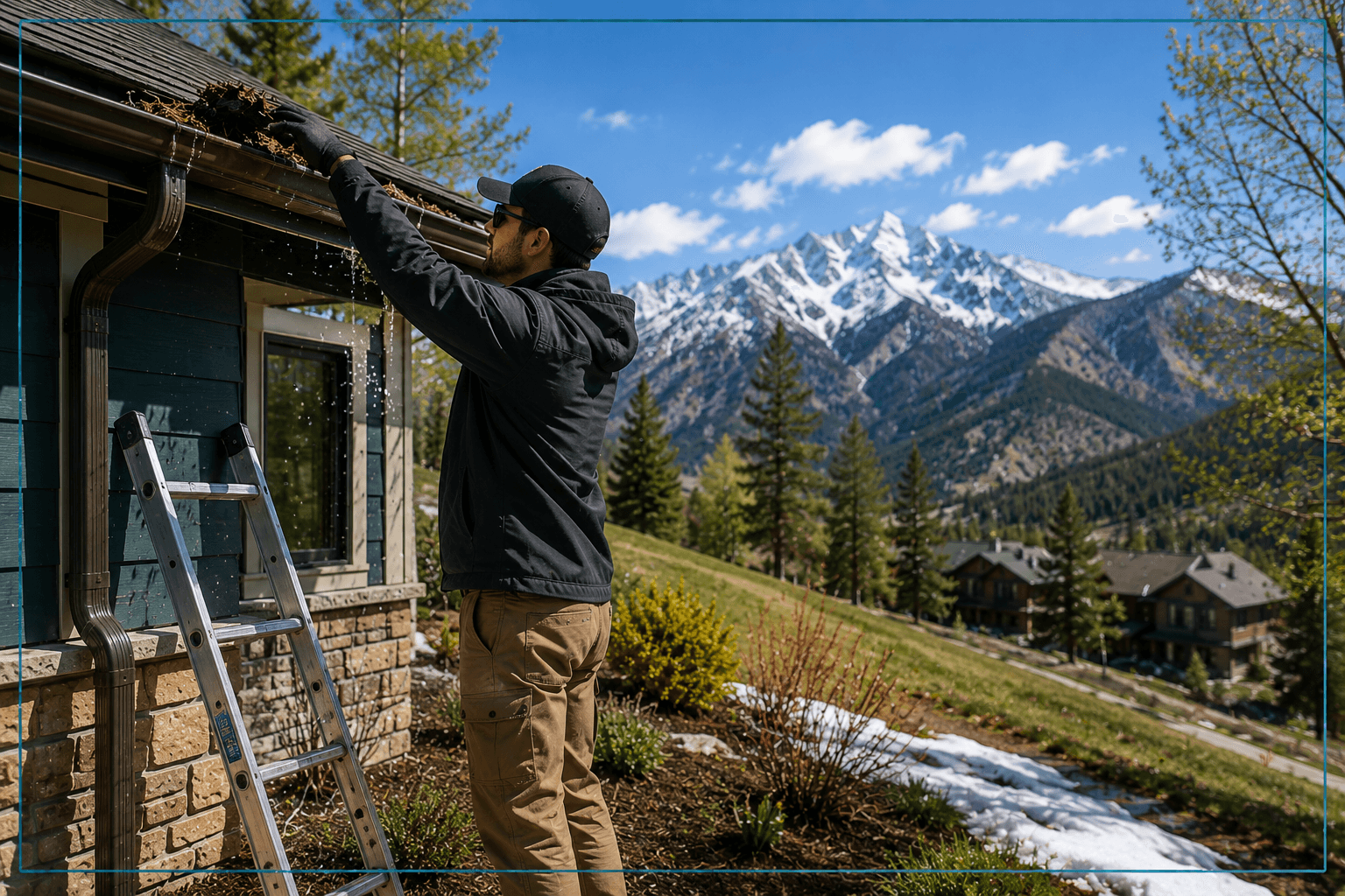 An inspector clearing a gutter of debris as spring snowmelt runs off, Colorado mountains in the background