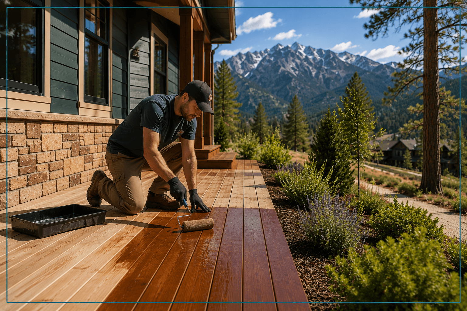 A homeowner staining and sealing a wood deck on a sunny summer day with the mountains behind