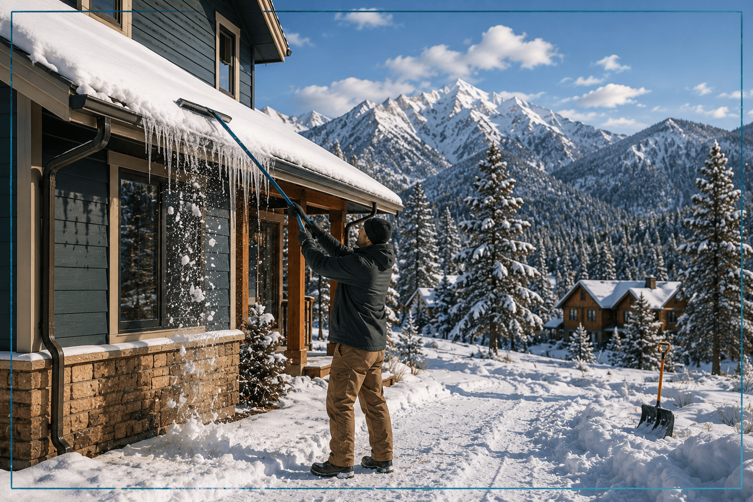 Clearing snow and ice from a roof edge with a roof rake to prevent ice dams